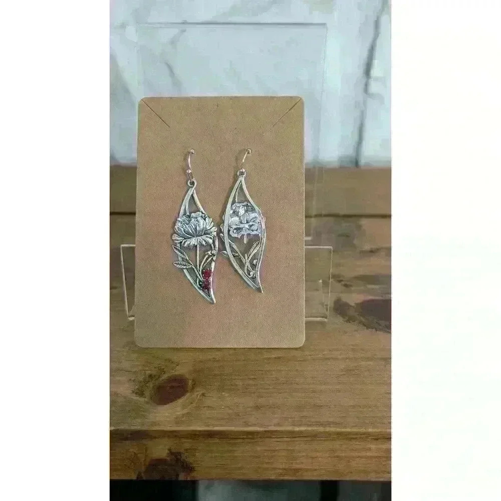 Silver Tone Flower Drop Earrings w/ Pink and Red Rhinestone - Picture 3 of 3